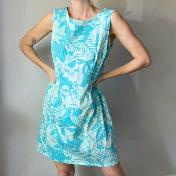 Y2K Blue Hawaiian Flower Print Back Cutout Mini Dress - Picture 1 of 5